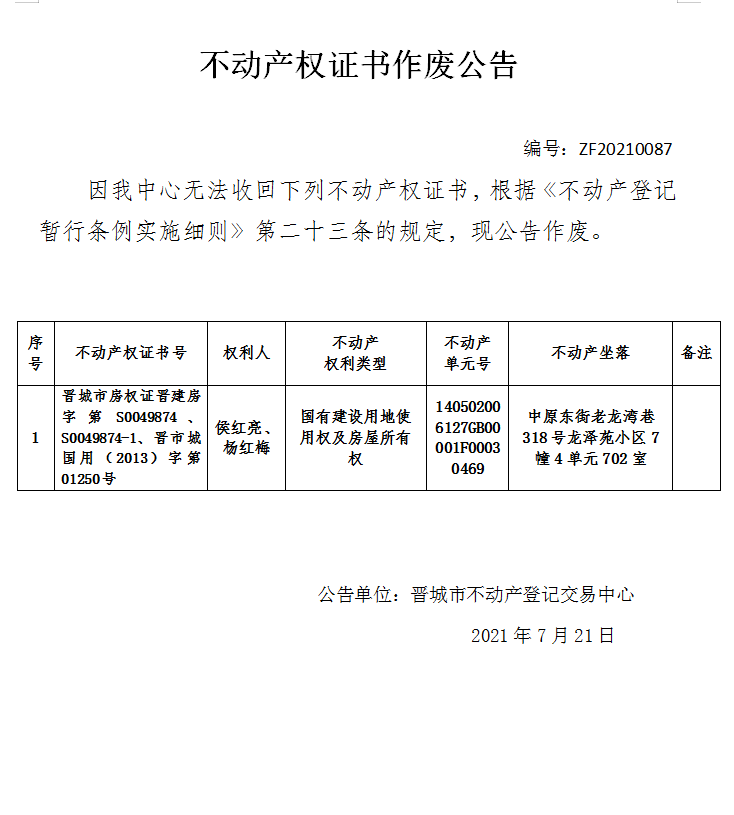 不动产权证书作废公告（四百七十九）20210087(图1)