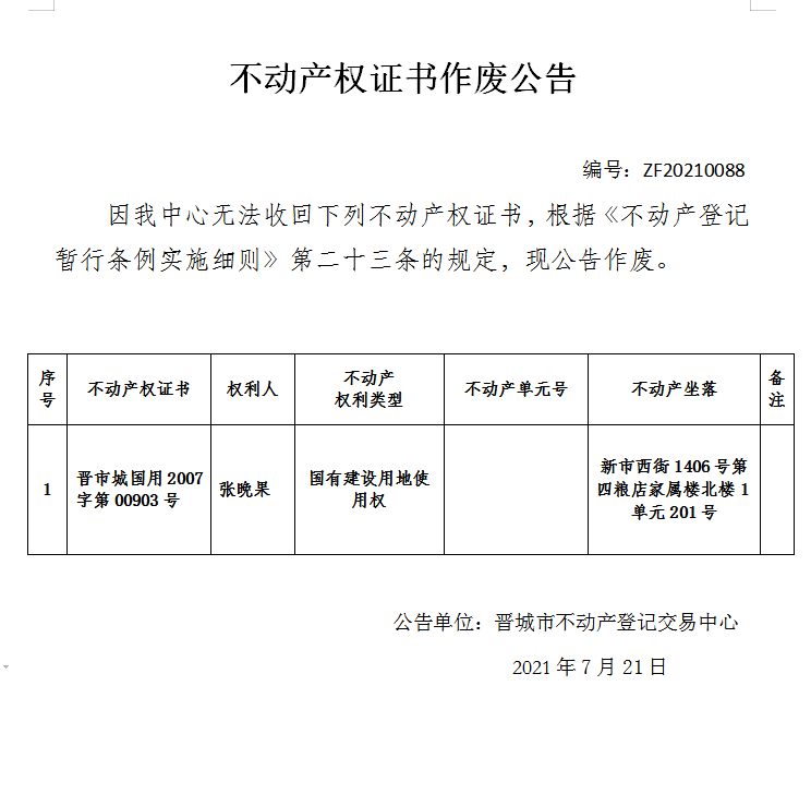 不动产权证书作废公告（四百八十）20210088(图1)