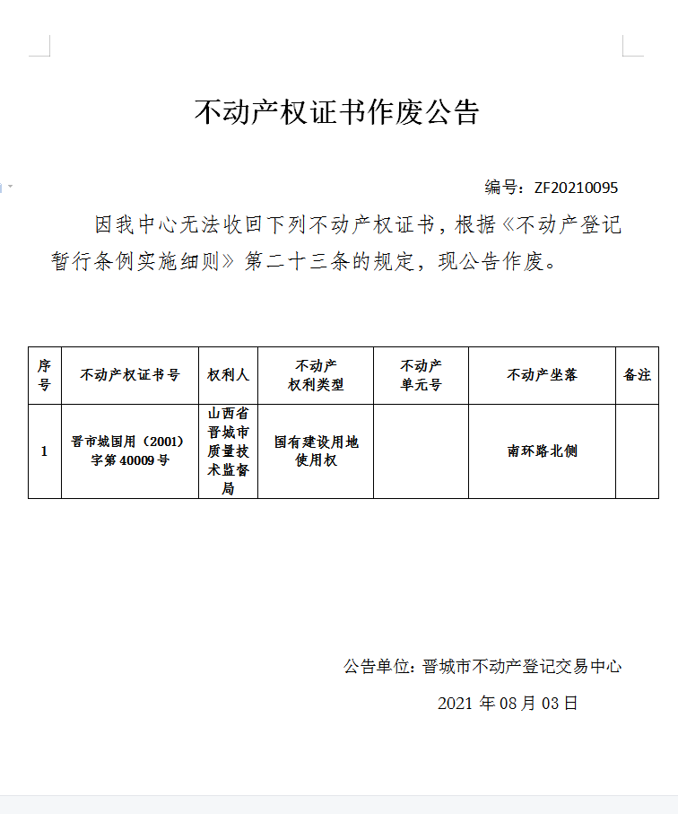 不动产权证书作废公告（四百八十七）20210095(图1)