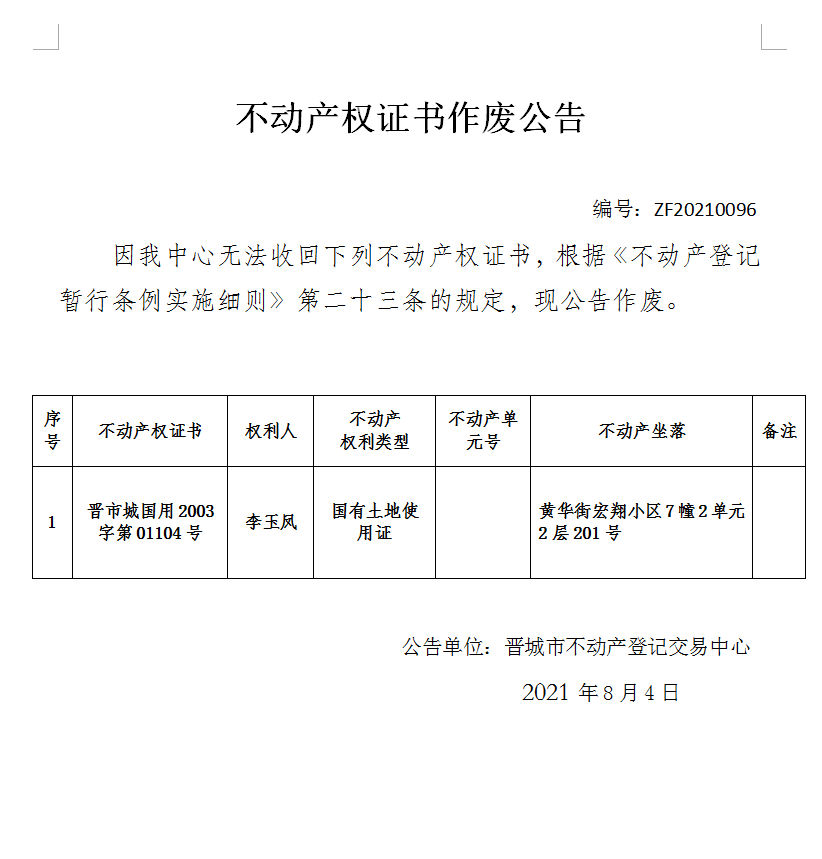 不动产权证书作废公告（四百八十八）20210096(图1)
