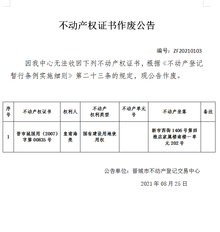 不动产权证书作废公告（四百九十五）20210103(图1)