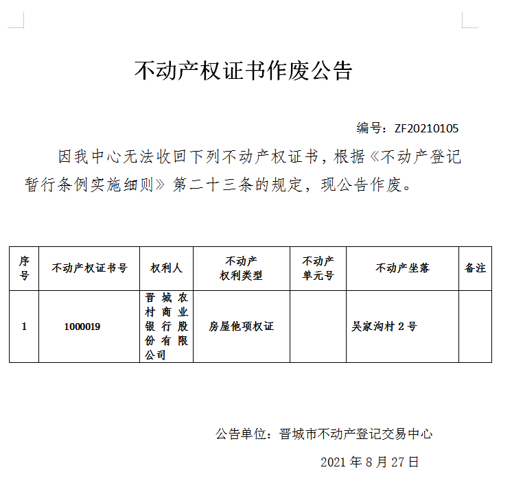 不动产权证书作废公告（四百九十七）20210105(图1)