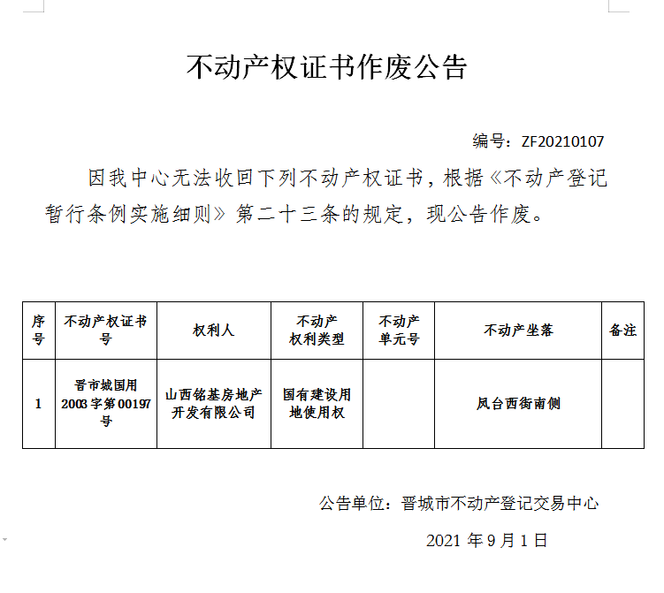 不动产权证书作废公告（四百九十九）20210107(图1)