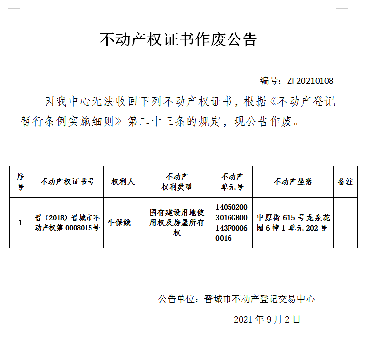 不动产权证书作废公告（五百）20210108(图1)