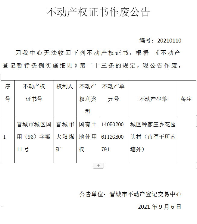 不动产权证书作废公告（五百零二）20210110(图1)