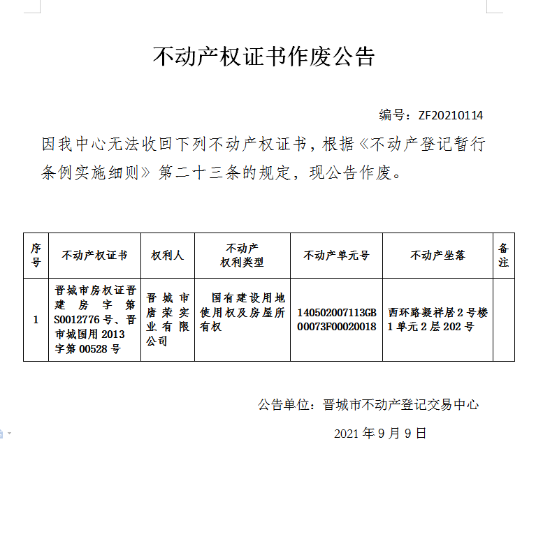 不动产权证书作废公告（五百零六）20210114(图1)