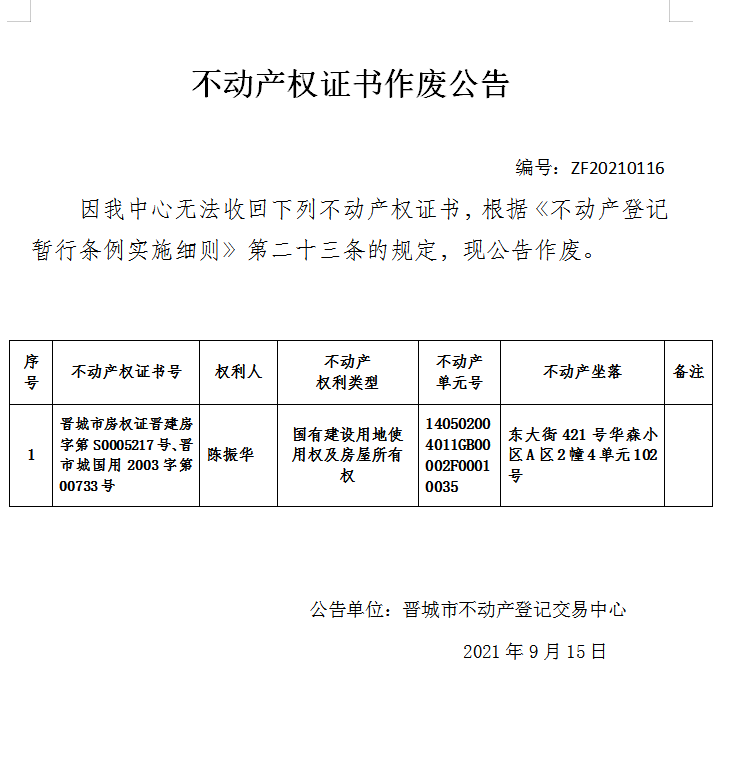 不动产权证书作废公告（五百零八）20210116(图1)