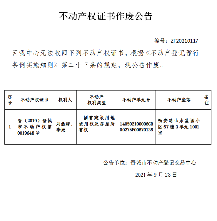 不动产权证书作废公告（五百零九）20210117(图1)