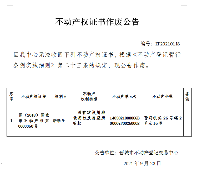 不动产权证书作废公告（五百一十）20210118(图1)