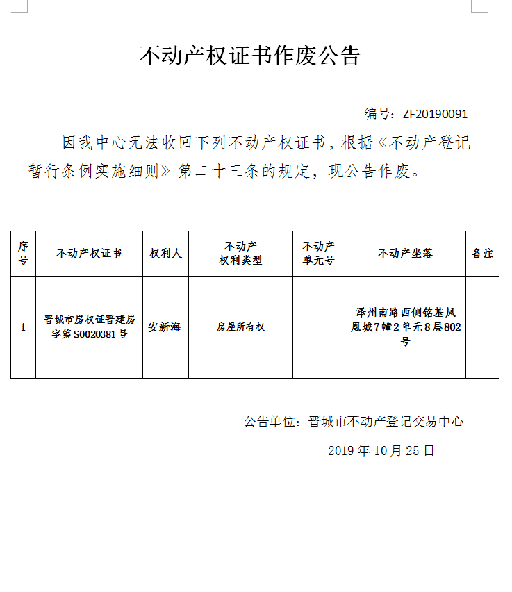 不动产权证书作废公告（二百一十三）20190091(图1)