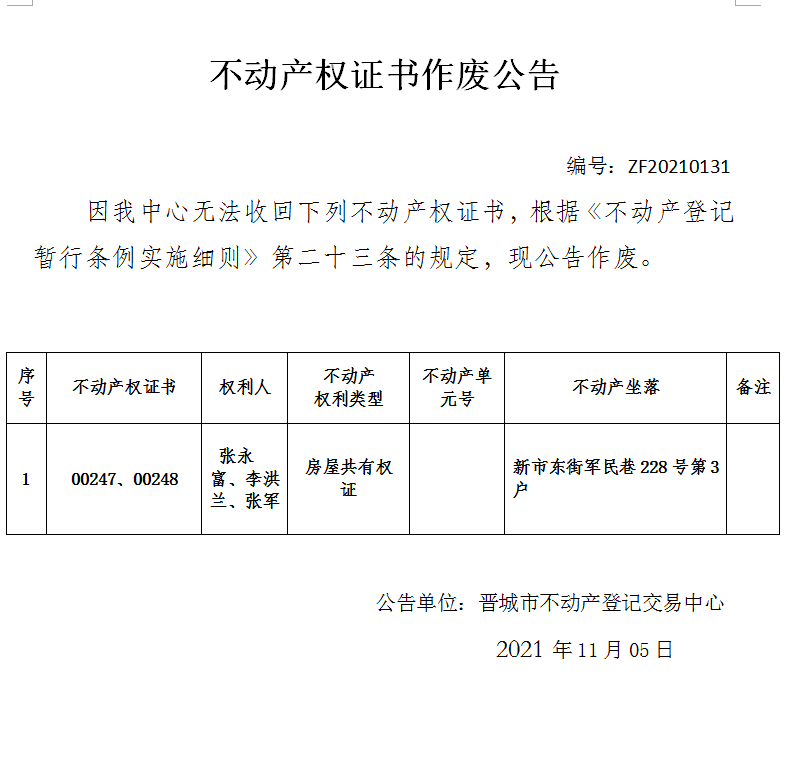 不动产权证书作废公告（五百二十三）20210131(图1)