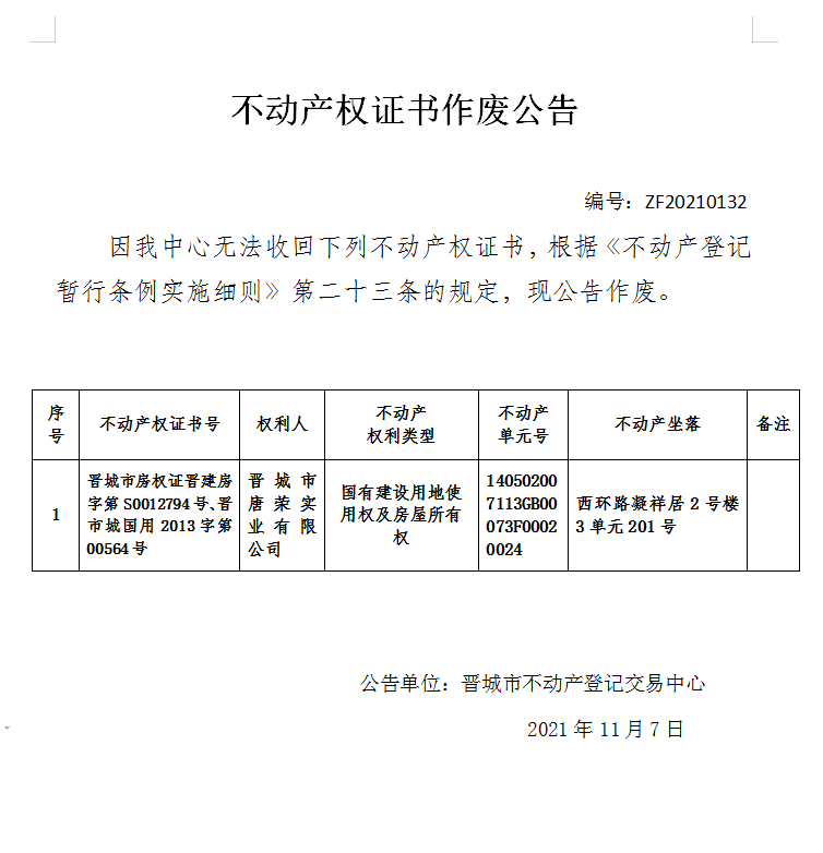 不动产权证书作废公告（五百二十四）20210132(图1)
