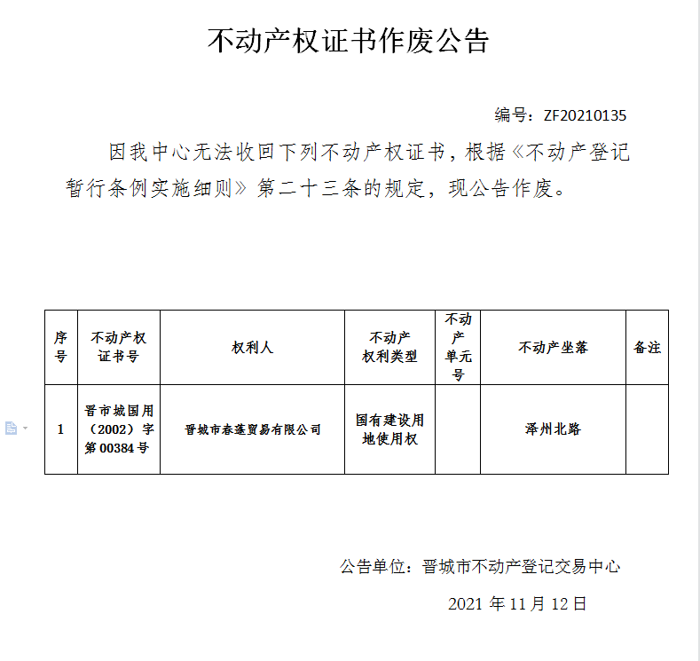 不动产权证书作废公告（五百二十七）20210135(图1)