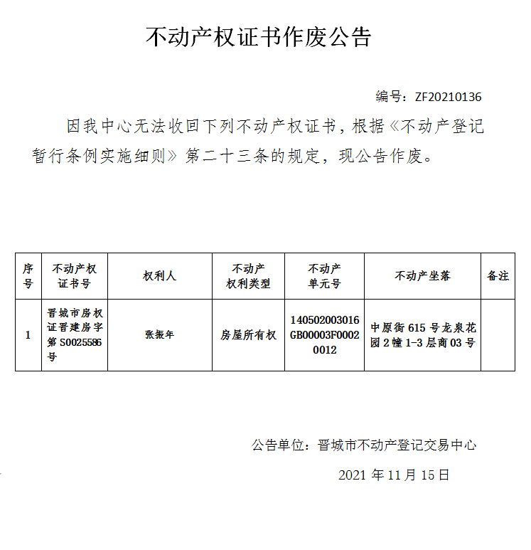 不动产权证书作废公告（五百二十八）20210136(图1)