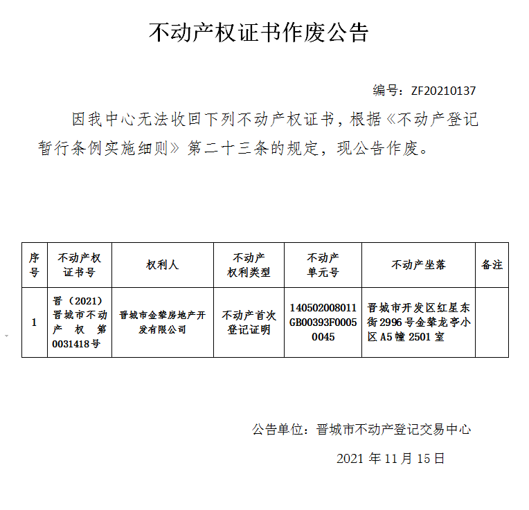 不动产权证书作废公告（五百二十九）20210069(图1)