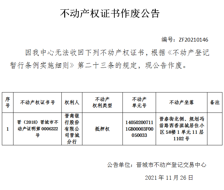 不动产权证书作废公告（五百三十八）20210146(图1)