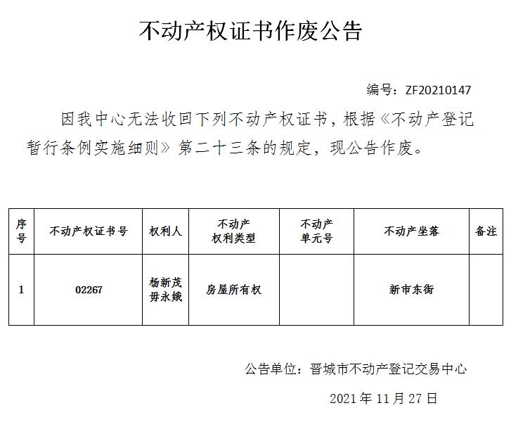 不动产权证书作废公告（五百三十九）20210147(图1)