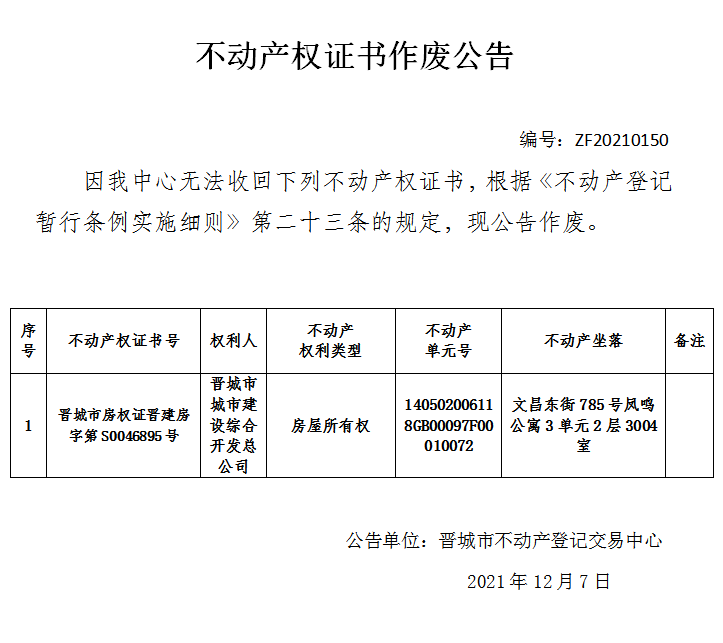 不动产权证书作废公告（五百四十二）20210150(图1)