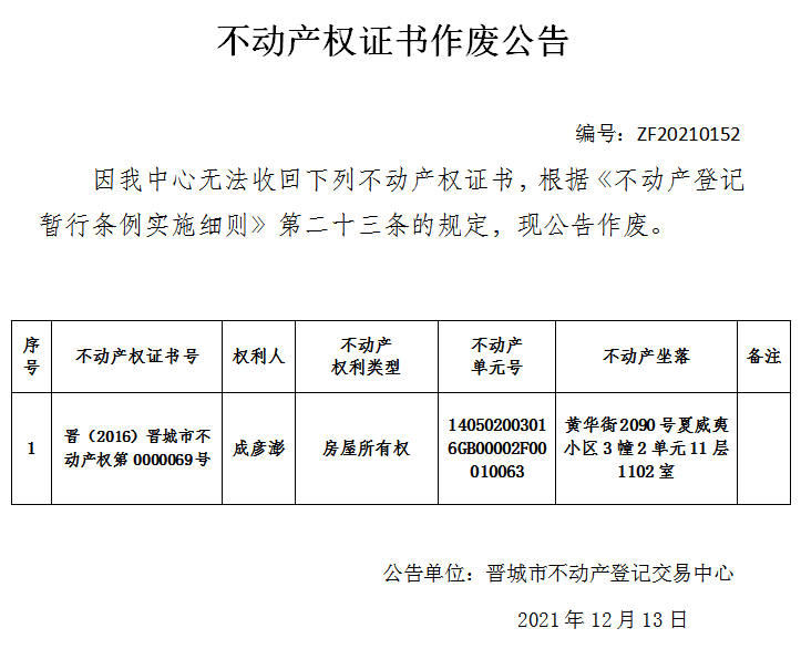 不动产权证书作废公告（五百四十四）20210152(图1)