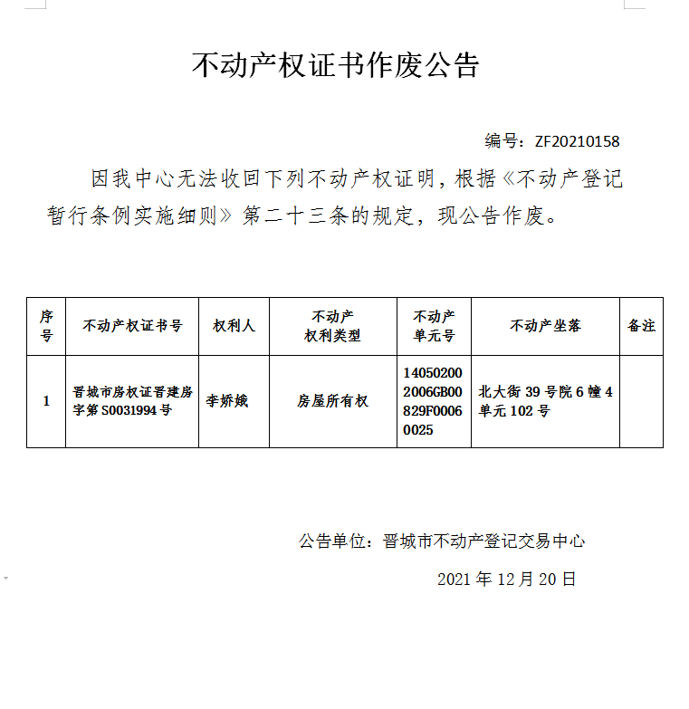 不动产权证书作废公告（五百五十）20210158(图1)