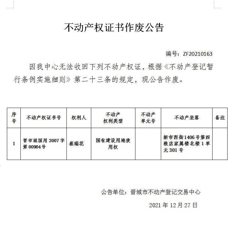 不动产权证书作废公告（五百五十五）20210163(图1)