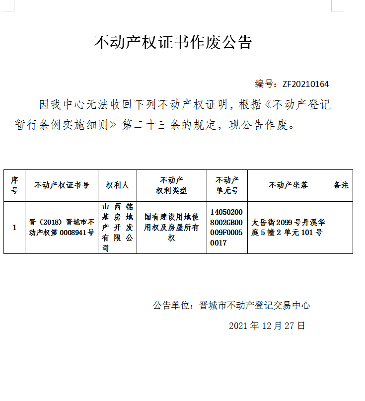 不动产权证书作废公告（五百五十六）20210164(图1)