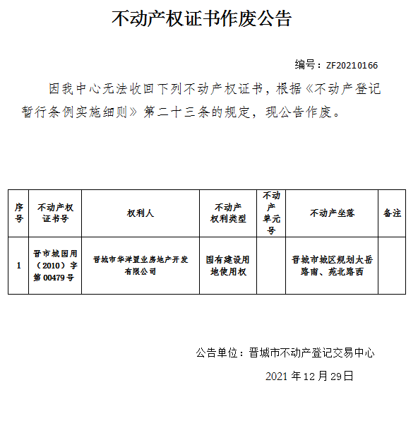 不动产权证书作废公告（五百五十八）20210166(图1)