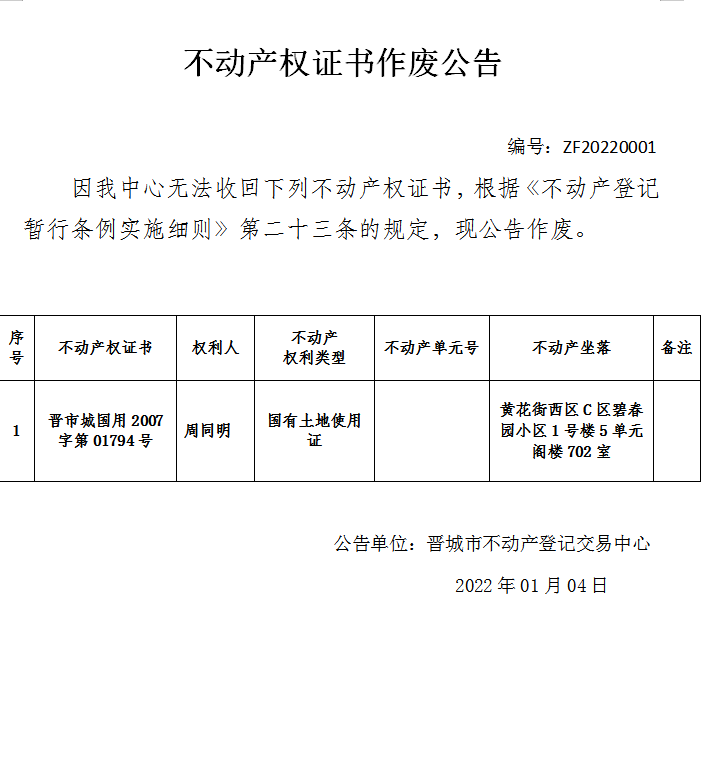 不动产权证书作废公告（五百六十）20220001(图1)