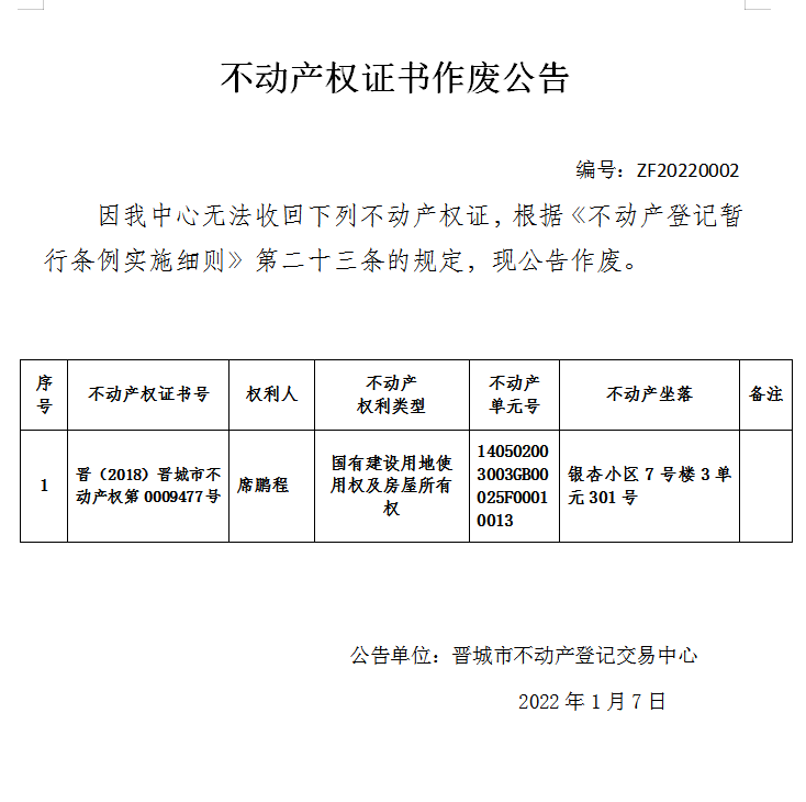 不动产权证书作废公告（五百六十一）20220002(图1)