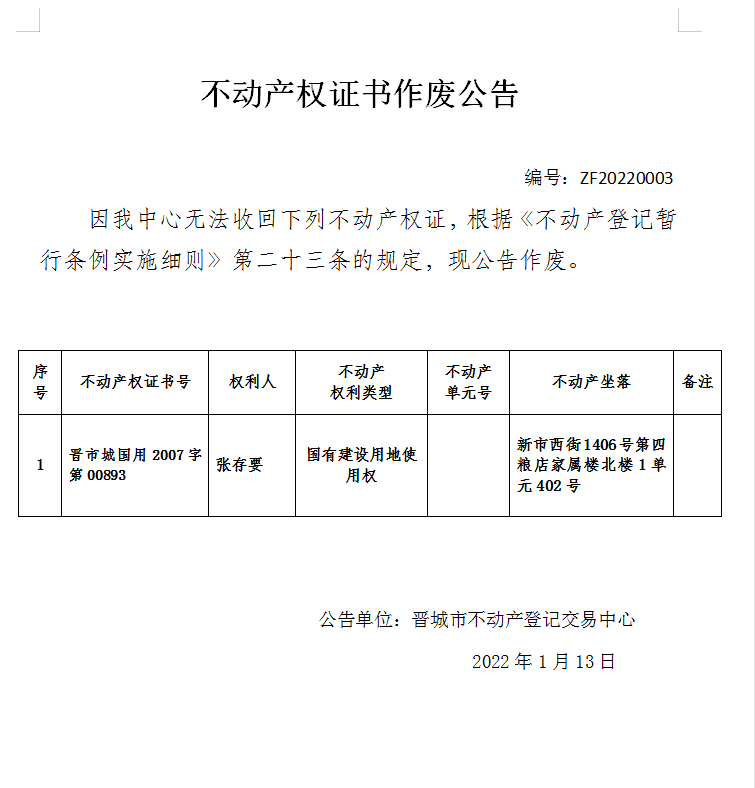 不动产权证书作废公告（五百六十二）20220003(图1)