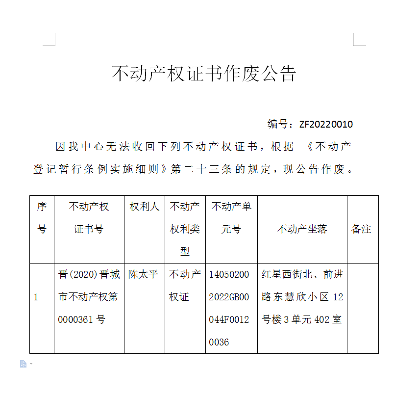 不动产权证书作废公告（五百六十九）20220010(图1)