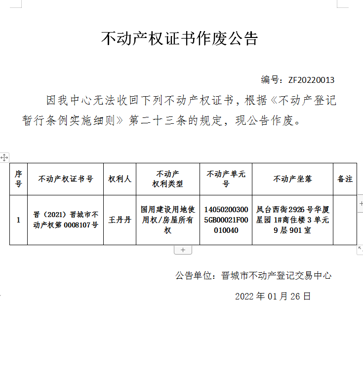 不动产权证书作废公告（五百七十二）20220013(图1)