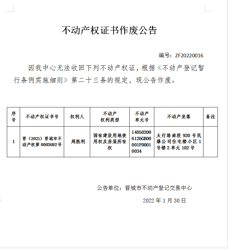 不动产权证书作废公告（五百七十五）20220016(图1)