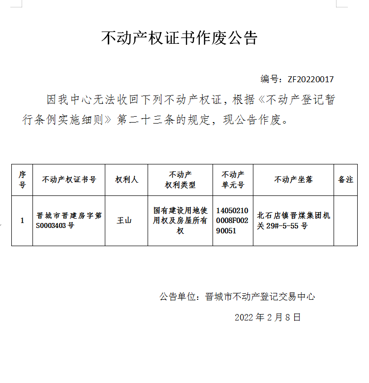 不动产权证书作废公告（五百七十六）20220017(图1)