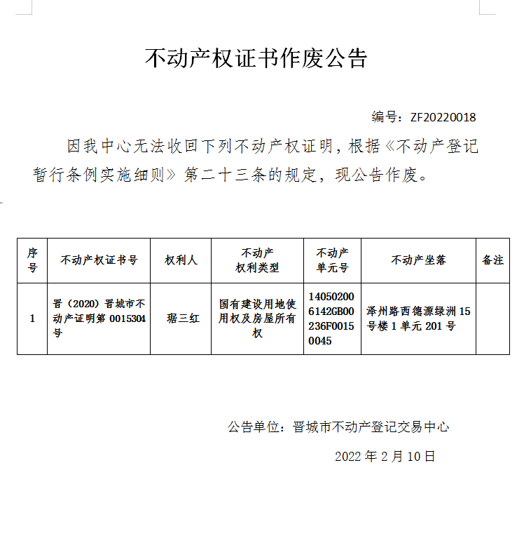 不动产权证书作废公告（五百七十七）20220018(图1)