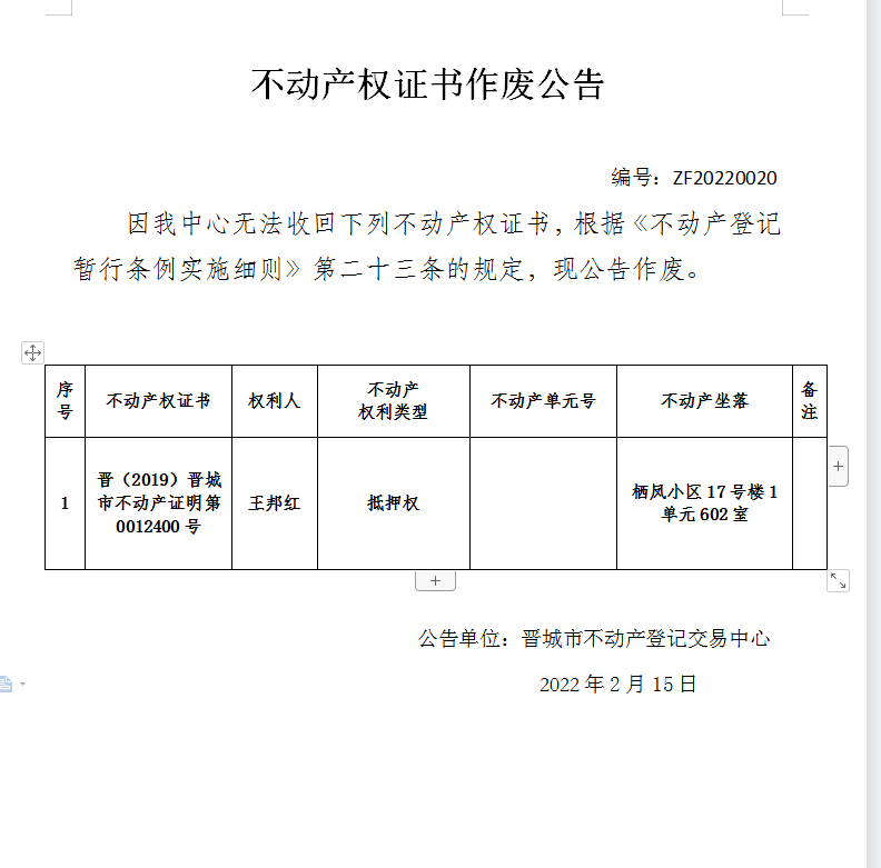 不动产权证书作废公告（五百七十九）20220020(图1)