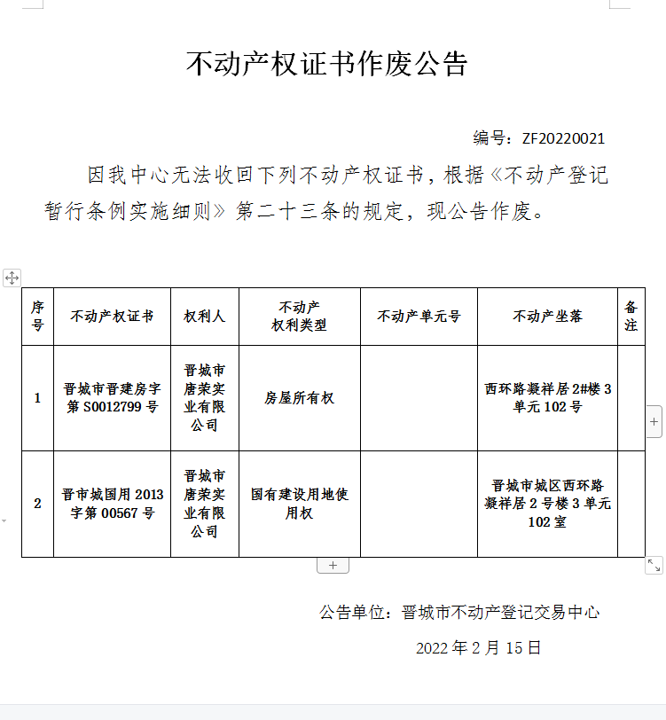 不动产权证书作废公告（五百八十）20220021(图1)