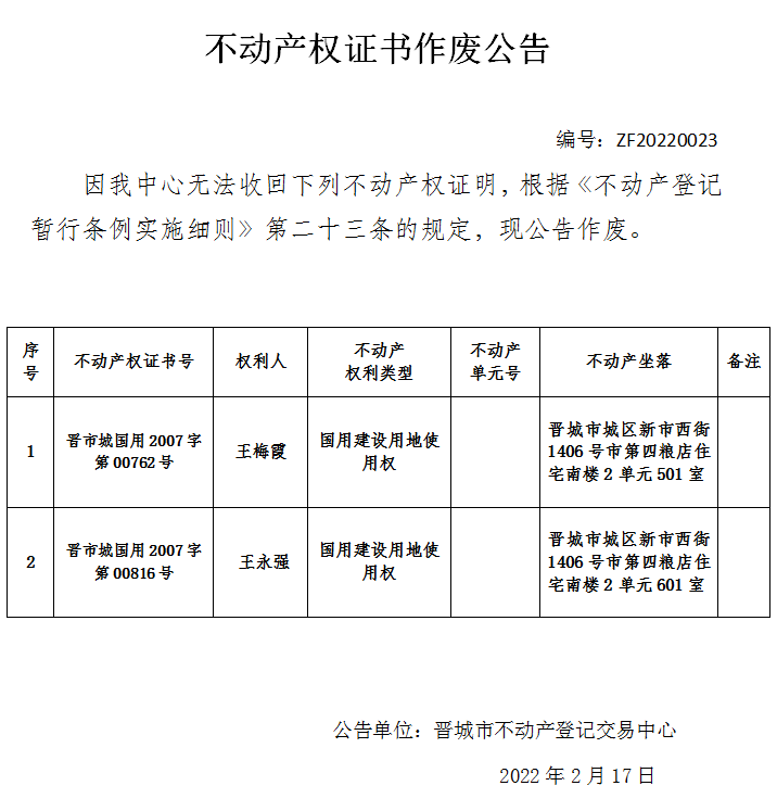 不动产权证书作废公告（五百八十二）20220023(图1)