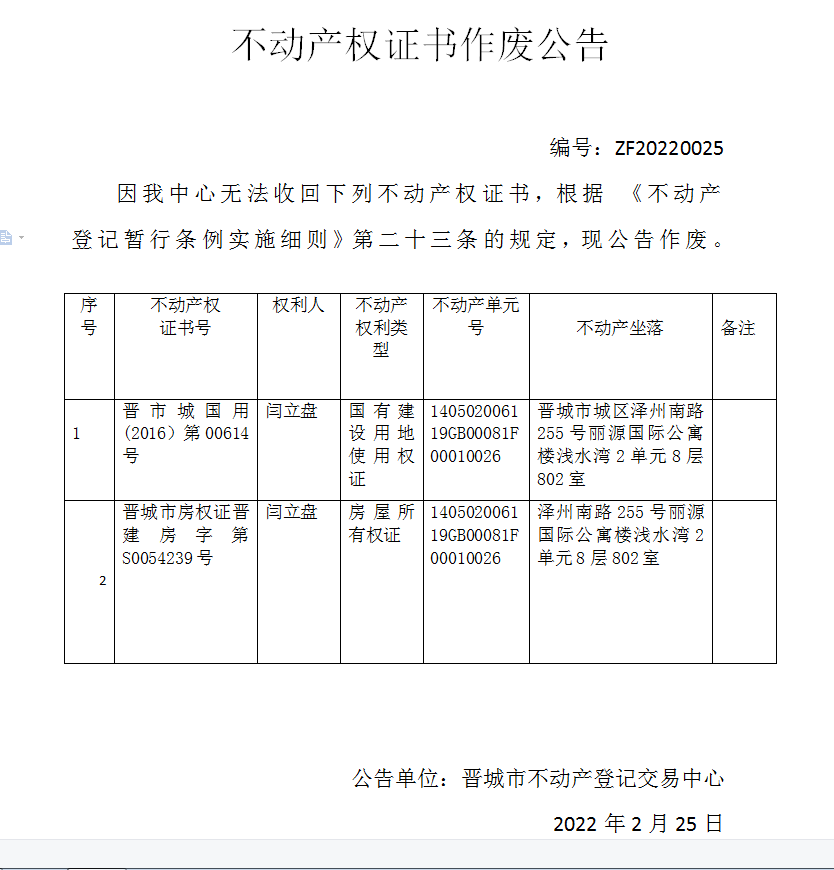 不动产权证书作废公告（五百八十四）20220025(图1)