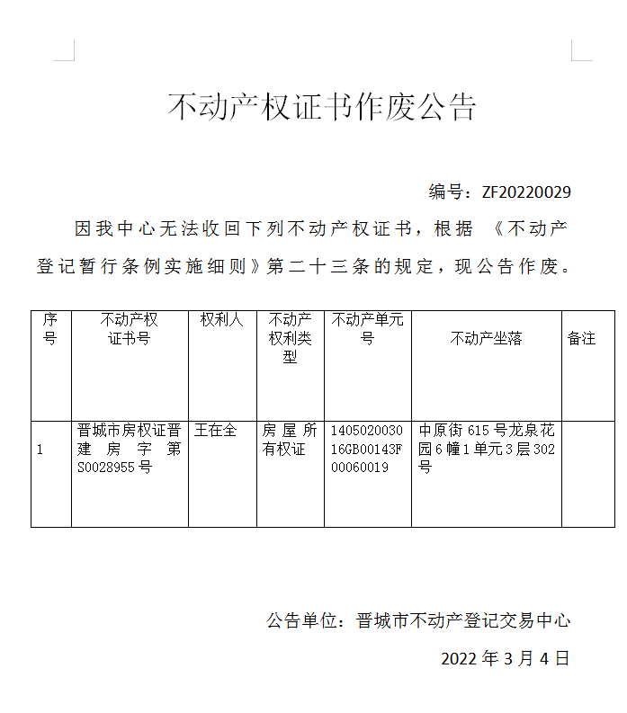 不动产权证书作废公告（四百八十八）20220029(图1)