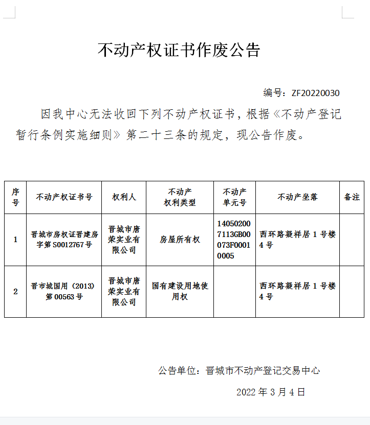 不动产权证书作废公告（四百八十九）20220030(图1)