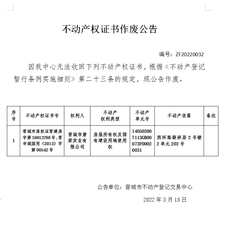 不动产权证书作废公告（四百九十一）20220032(图1)