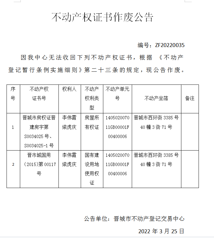不动产权证书作废公告（四百九十四）20220035(图1)