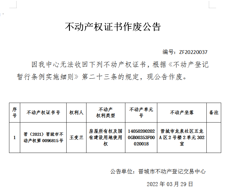 不动产权证书作废公告（五百九十六）20220037(图1)
