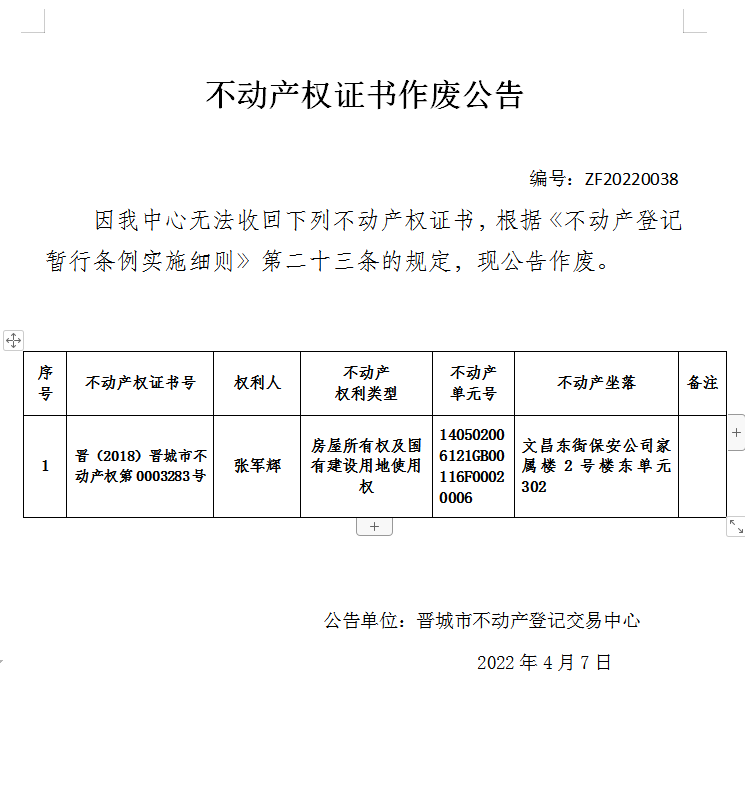 不动产权证书作废公告（五百九十七）20220038(图1)