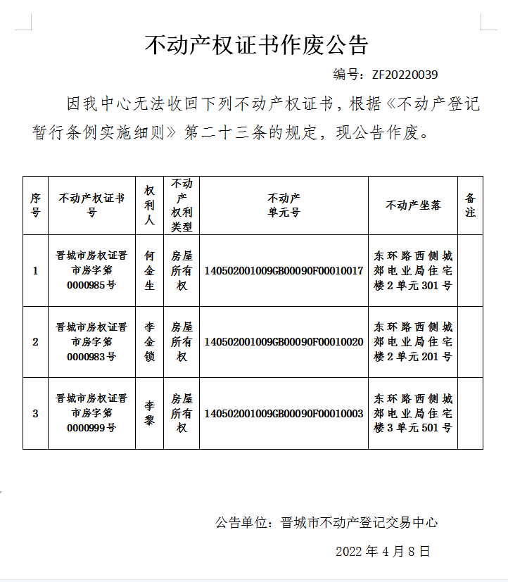 不动产权证书作废公告（五百九十八）20220039(图1)