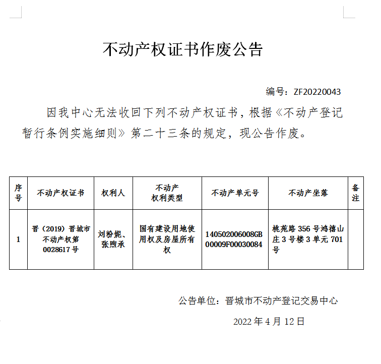 不动产权证书作废公告（六百零二）20220043(图1)
