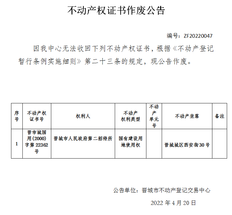 不动产权证书作废公告（六百零六）20220047(图1)