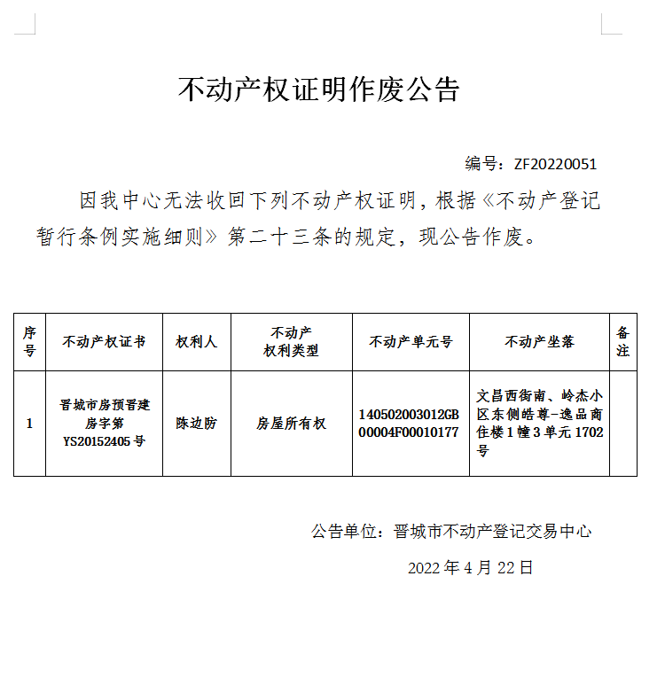 不动产权证明作废公告（六百一十）20220051(图1)