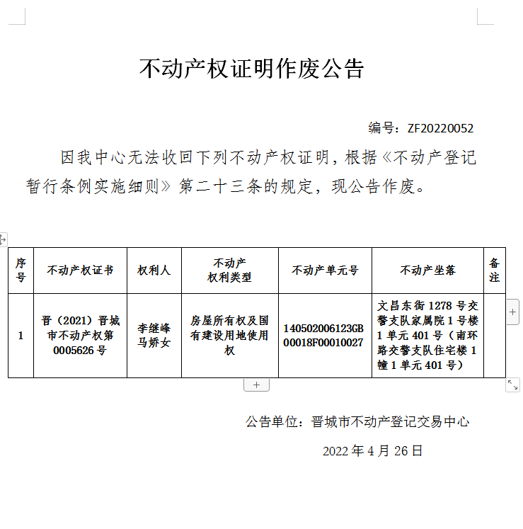 不动产权证明作废公告（六百一十一）20220052(图1)